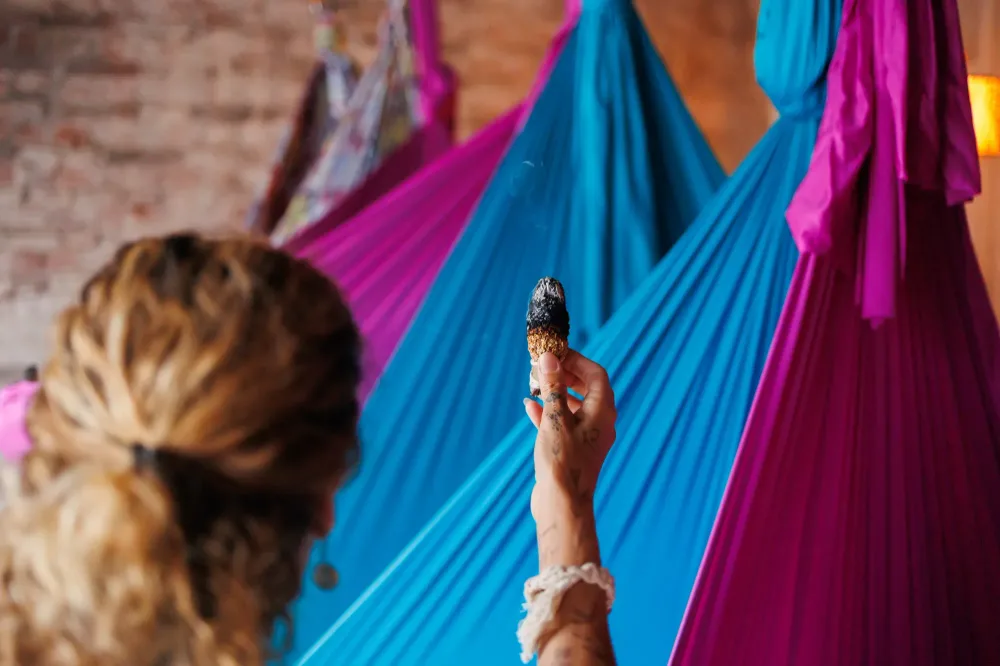 Aerial yoga hammocks in pink and blue